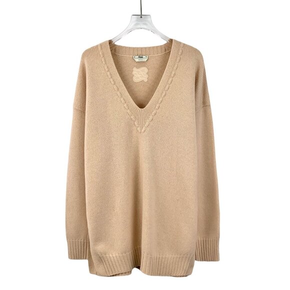 Fendi Beige Cashmere Logo Embroidered V-Neck Long Sleeve Knit Sweater - Picture 1 of 7